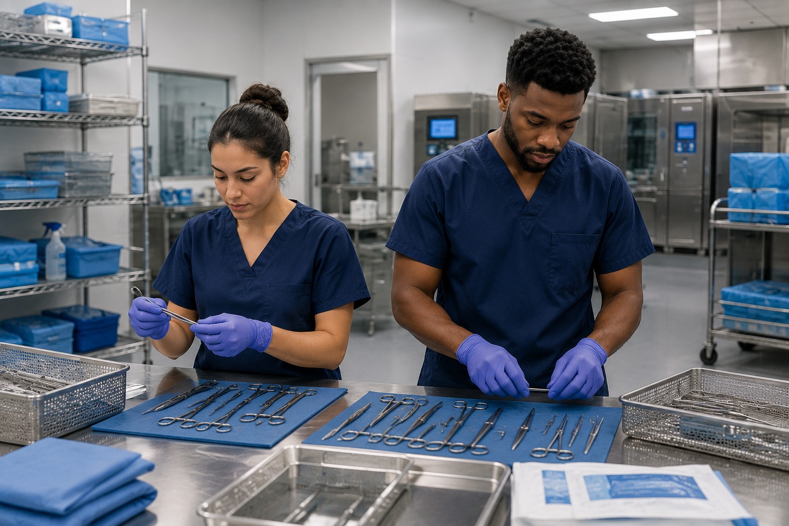 Sterile processing technicians preparing surgical instruments